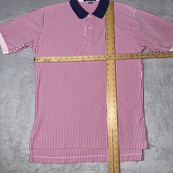 Vintage Polo Ralph Lauren Pink White Striped Navy & Pink Trim Polo‎ Shirt Medium - Picture 6 of 10